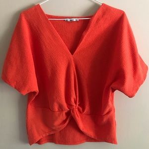 Zara- Orange Flowy Blouse With Front Knot Detail